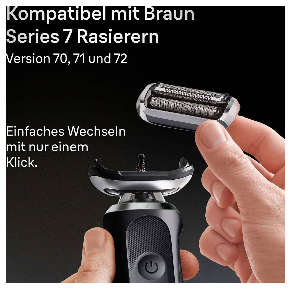 Eine Hand hält einen Rasierkopf über einem schwarzen Rasierer und zeigt die Kompatibilität mit Braun Series 7, Versionen 70, 71 und 72, für einfachen Austausch.