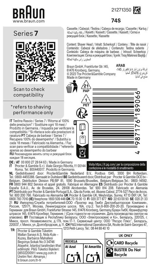 Braun Serie 7 Ersatzkassettenkartusch-Verpackung. Modell 74S. Enthält QR-Code, Recycling-Symbole und mehrsprachigen Text.