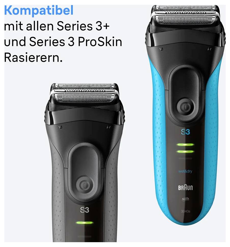 Zwei elektrische Rasierer; links in Schwarz, rechts in Blau, beide mit der Bezeichnung „S3", mit Text, der lautet: „Kompatibel mit allen Series 3+ und Series 3 ProSkin Rasierern".