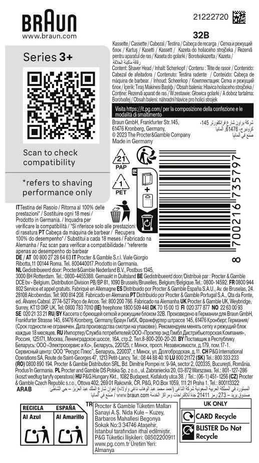 "Braun Series 3+ 32B" Verpackungsetikett mit QR-Code, Produktkompatibilitätsinformationen, mehrsprachigem Text, Recycling-Symbolen und Strichcodes.
