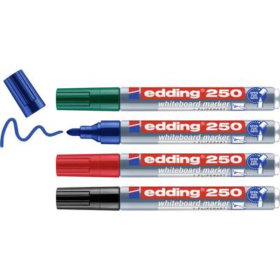 Vier Edding 250 Whiteboard-Marker in Grün, Blau, Rot und Schwarz mit entfernten Kappen. Der blaue Marker zeigt eine gezogene Linie.