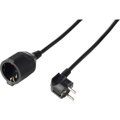 Schwarzes Stromverlängerungskabel mit europäischem zweipoligem Stecker und Steckdosenleiste auf weißem Hintergrund.