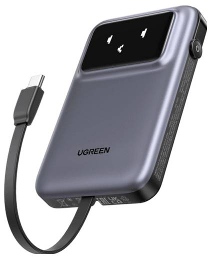 Eine UGREEN Powerbank mit integriertem Kabel und digitaler Anzeige mit drei Batterie-Symbolen, die den Ladestatus anzeigen.