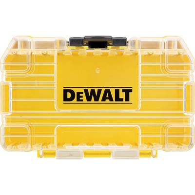 Ein gelber DeWALT-Werkzeugkoffer mit durchsichtigem Deckel, geschlossen und leer, mit dem Markenlogo prominent in der Mitte.