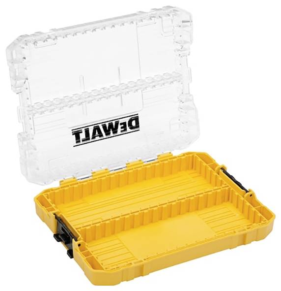 Ein offener gelb und transparent Kunststoff-Werkzeugkoffer mit Fächern, beschriftet mit "Dewalt", entwickelt zur Organisierung von Kleinteilen oder Werkzeugen.