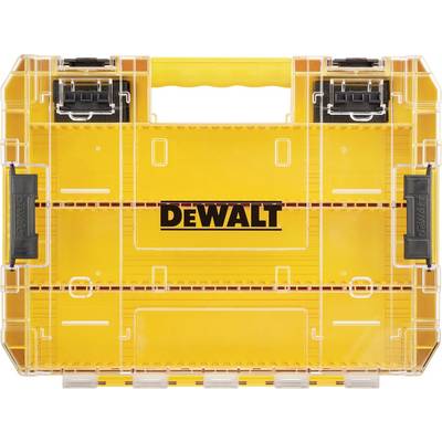 Gelbe Dewalt-Werkzeugkiste mit transparentem Deckel, ausgestattet mit schwarzem Griff und Verschlüssen.