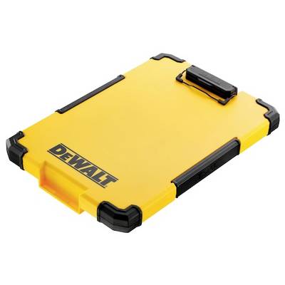 Ein gelber DEWALT-Behälter mit schwarzen Eckenschutzvorrichtungen und einem Griff auf einer Seite, konstruiert zur Lagerung von Werkzeugen oder Ausrüstung.