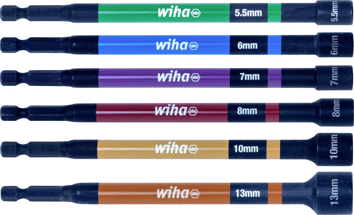 Wiha Schraubendreher-Set mit sechs farbcodierten Aufsätzen in den Größen von 5,5 mm bis 13 mm, der Größe nach aufsteigend angeordnet.