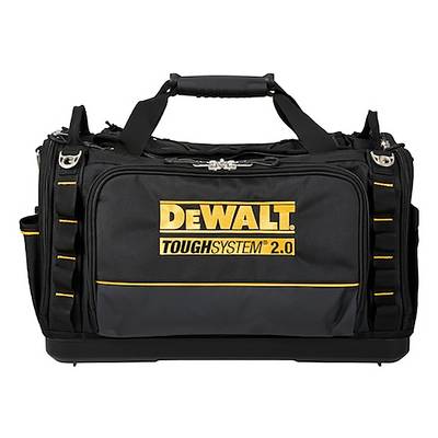 Schwarze DeWalt ToughSystem 2.0 Werkzeugtasche mit robusten Griffen und mehreren außenliegenden Taschen, konzipiert für sichere Werkzeuglagerung und Transport.