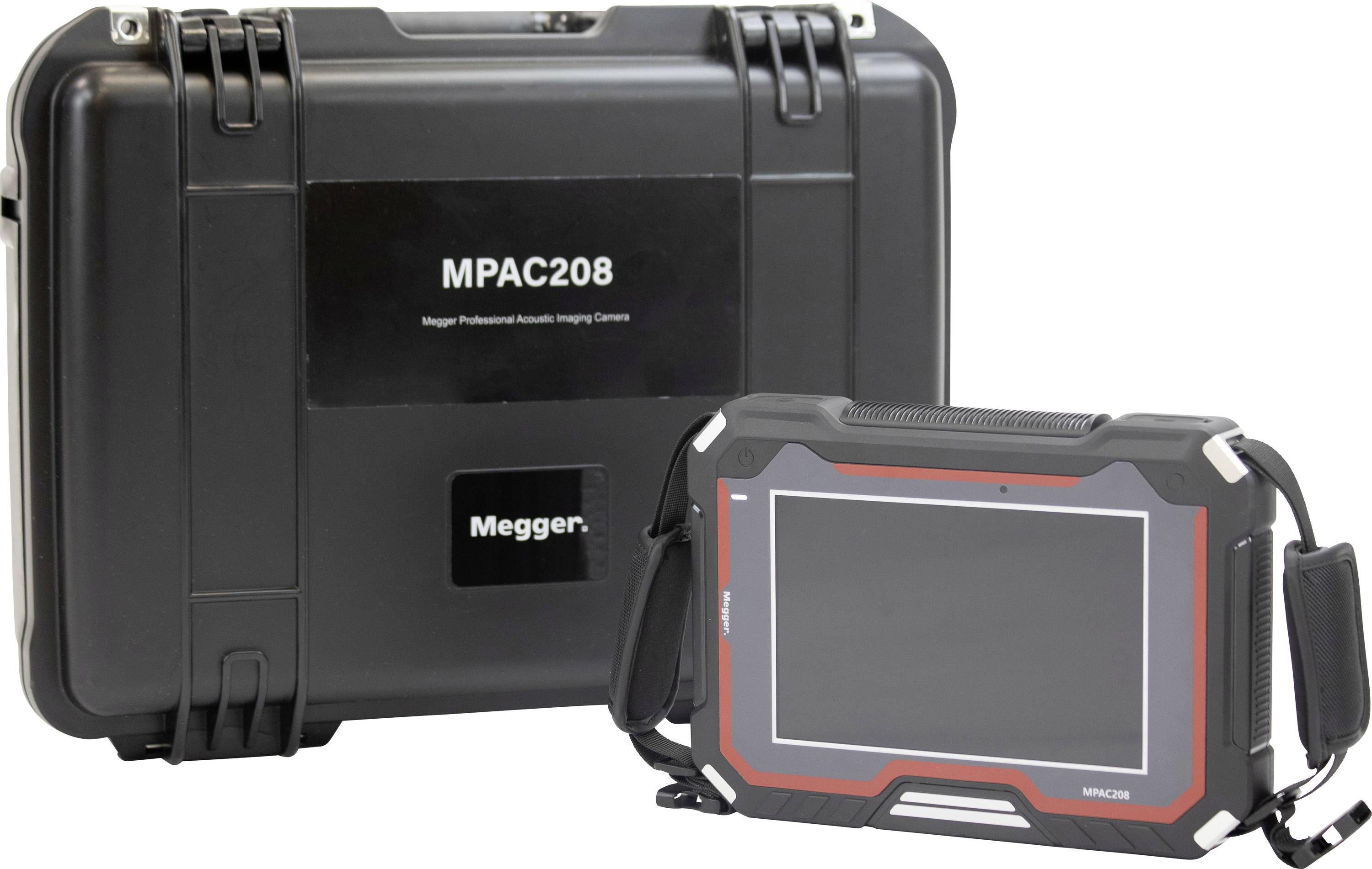 Ein Megger MPAC208, ein fortschrittliches Testgerät, steht neben seinem schützenden schwarzen Transportkoffer, der für diagnostische und Testzwecke verwendet wird.