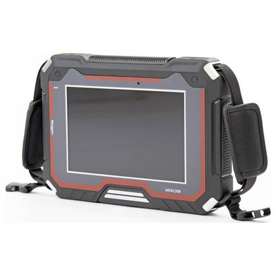 Robustes schwarz-rotes Tablet mit einer Schutzschale und Tragegriffe, entwickelt für langlebige Outdoor- oder Industrieanwendungen.
