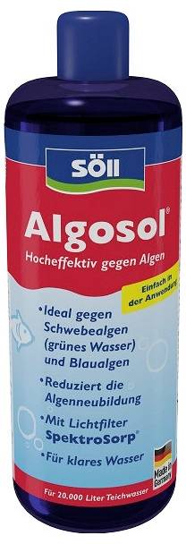 Flasche Söll Algosol Algenbehandlung für klares Teichwasser, gekennzeichnet mit „Hocheffektiv gegen Algen" und für 20.000 Liter.