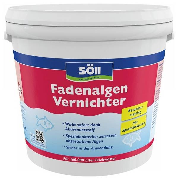 Weißer Eimer von Söll 'Fadenalgen Vernichter' Teichbehandlung zum Abtöten von Fadelalgen, gekennzeichnet für 160.000 Liter Teichwasser.