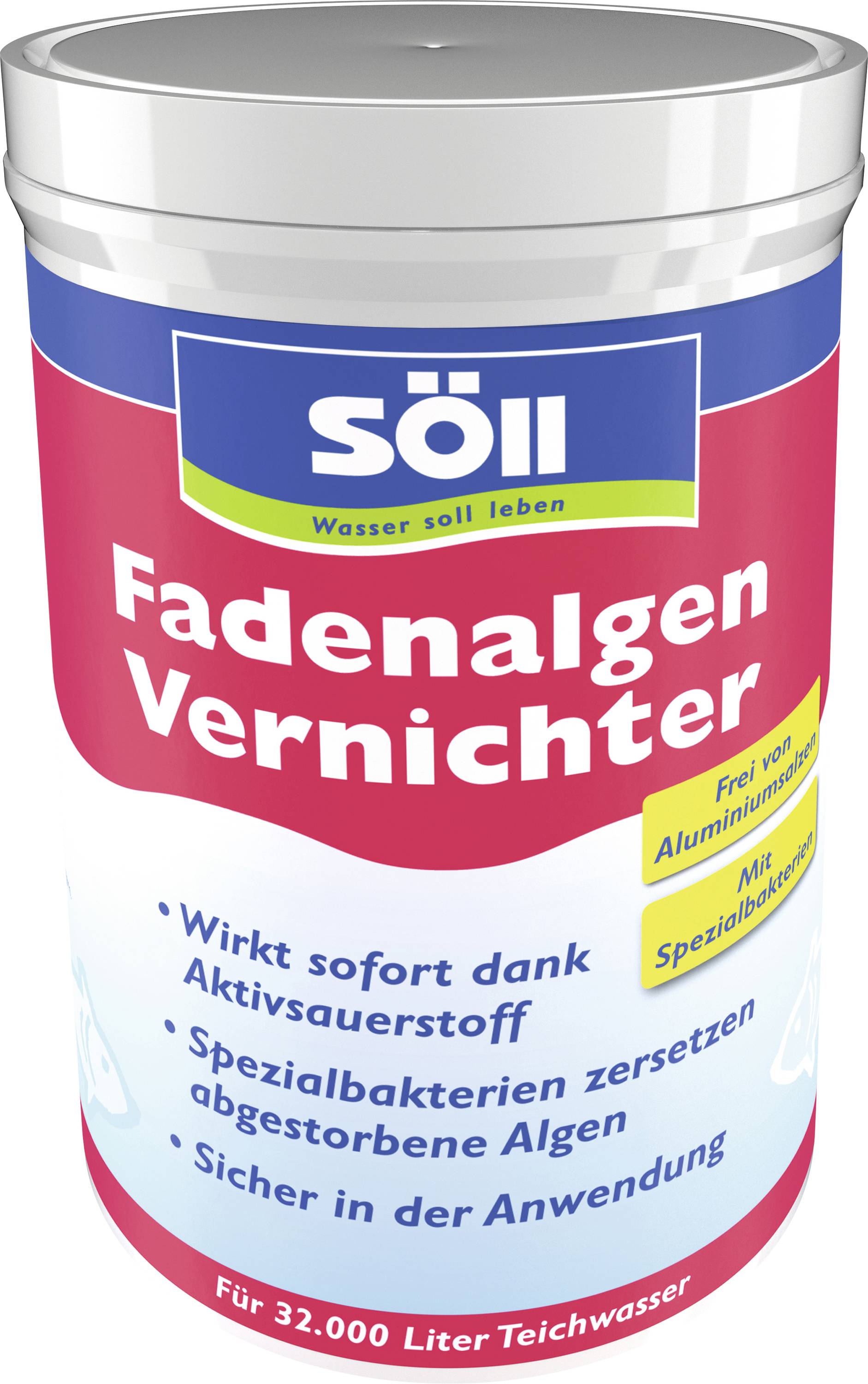 Behälter von Söll 'Fadenalgen Vernichter', ein Teichbehandlungsmittel, das Fadelalgen abtötet und die sichere Anwendung für 32.000 Liter Teichwasser anzeigt.