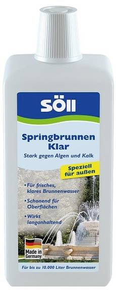 Flasche Söll 'Springbrunnen Klar' Teich-/Brunnenbehandlung, gekennzeichnet als wirksam gegen Algen und Kalkablagerungen und zur Außenanwendung.