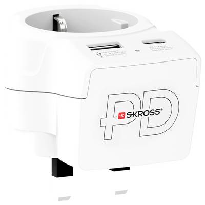 Ein weißer universeller Reiseadapter mit USB-C und USB-Anschluss, gekennzeichnet mit „Skross PD" zum Laden elektronischer Geräte im Ausland.