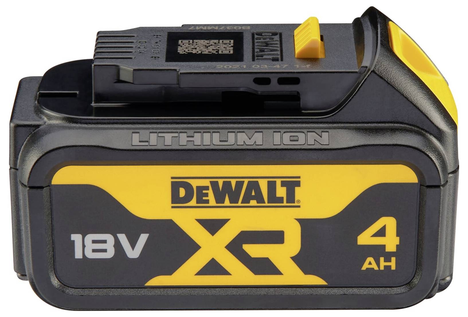 Ein schwarzes und gelbes DeWalt 18V XR Lithium-Ionen-Akkupack mit 4,0 Ah, das das Markenlogo und die Akkuspezifikationen auf der Seite zeigt.