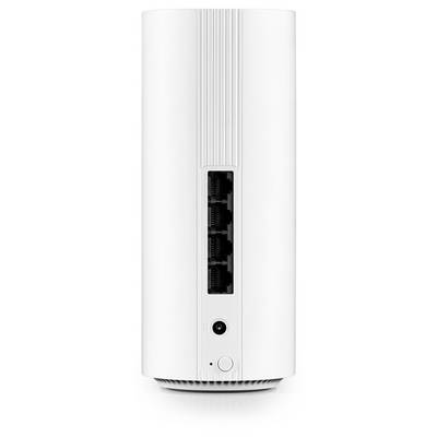 Ein weißes, zylindrisches elektronisches Gerät mit vier Ethernet-Anschlüssen und einer Stromschaltfläche, wahrscheinlich ein Modem oder Router, von hinten gezeigt.