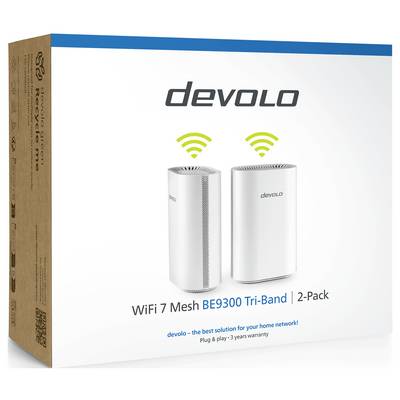 Karton mit einem 2er-Pack devolo WiFi 7 Mesh BE9300 Tri-Band, das verbesserte Heimnetzwerk-Konnektivität mit Plug-and-Play und 3-jähriger Garantie bewirbt.