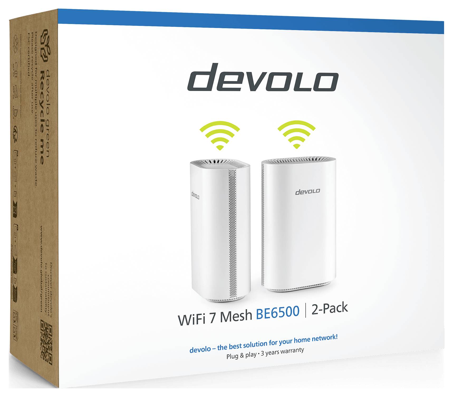 Die Verpackung von „Devolo WiFi 7 Mesh BE6500 2er-Pack" zeigt zwei Mesh-Geräte mit WiFi-Symbolen und bewirbt schnelle und zuverlässige Heimnetzwerk-Konnektivität.