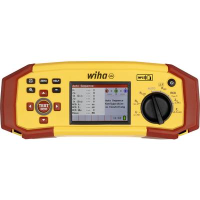 Ein gelbes und rotes elektronisches Gerät mit einem digitalen Bildschirm, der Einstellungen anzeigt. Tasten und ein Drehregler sind sichtbar, um Optionen zu konfigurieren.