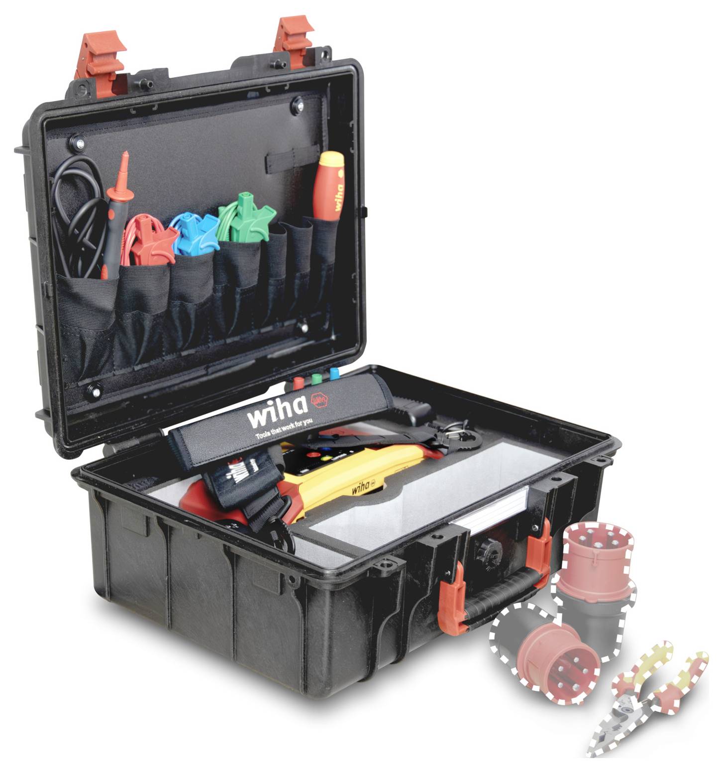 Offene schwarze Werkzeugtasche mit verschiedenen Werkzeugen und Zubehör, einschließlich Schraubendreher und Zangen. Hervorhebung von Ersatz-Rastnase und Hülse.