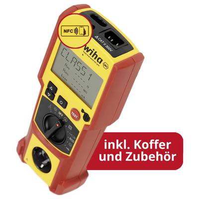 Widerstandsprüfer von Wiha mit NFC, Anzeige 'CLASS 1' und dem Hinweis 'inkl. Koffer und Zubehör'.