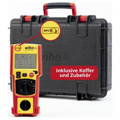 Wiha-Prüfgerät vor schwarzem Koffer; Beschriftung 'inklusive Koffer und Zubehör' und NFC-Symbol.<br>