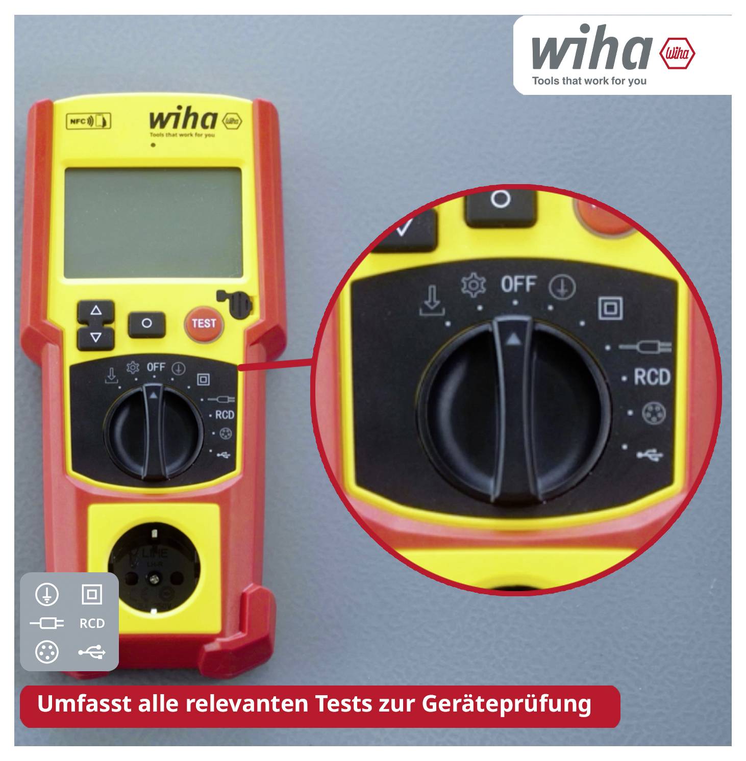 Vielfunktions-Prüfgerät von Wiha zur Geräteprüfung, mit vergrößertem Drehschalter für Testfunktionen und RCD-Prüfung.