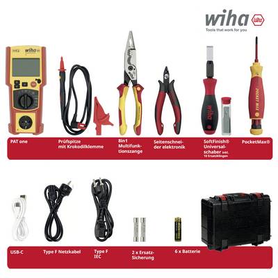 Wiha-Werkzeugset mit PAT one, Prüfspitze, Multifunktionszange, Seitenschneider, Schraubendreher, Bits, Kabeln, Sicherungen, Batterien und Koffer<br>