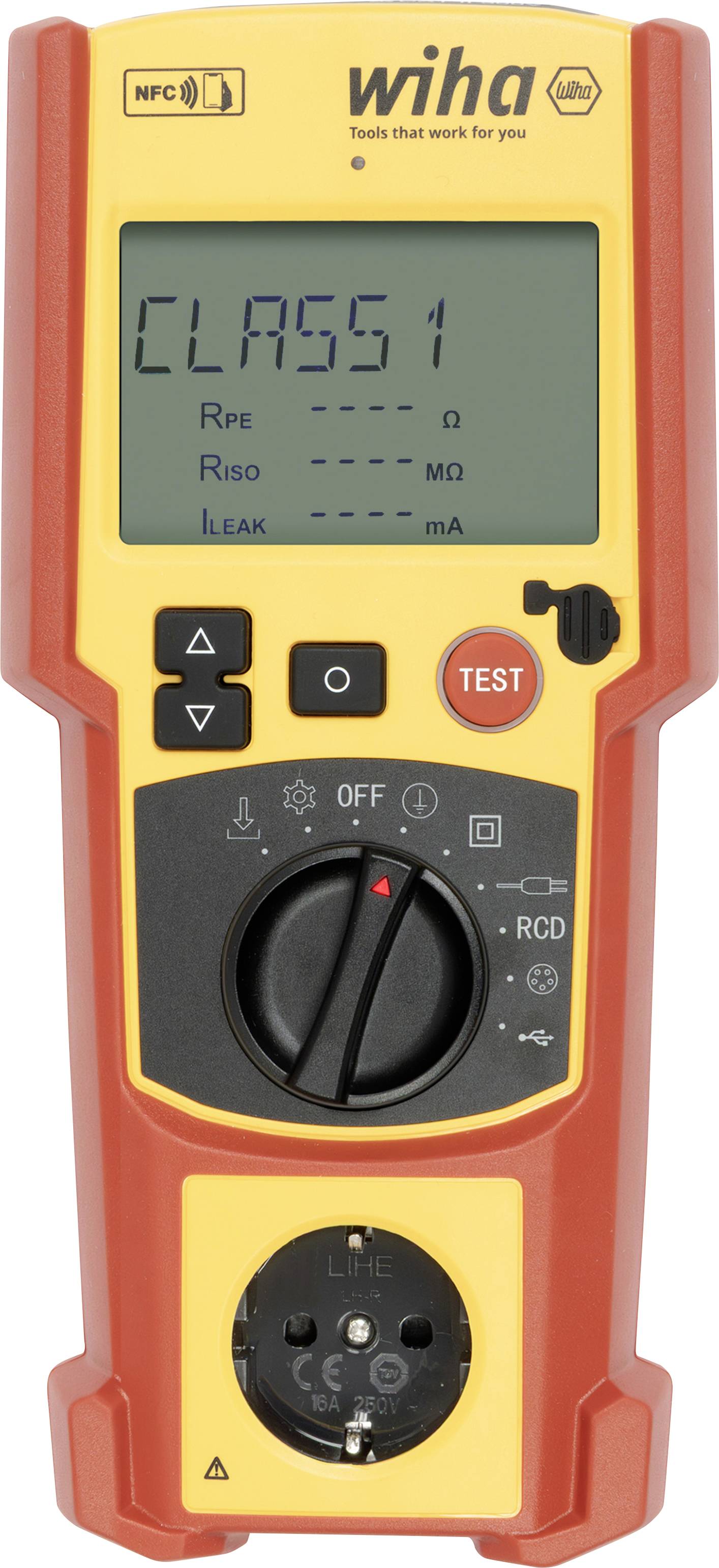 Ein digitales Gerät mit einem Bildschirm, auf dem „CLASS 1" angezeigt wird. Es hat Tasten, ein Drehrad und ein NFC-Symbol, mit den Aufschriften „wiha" und „Tools that work for you".