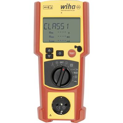 Ein digitales Gerät mit einem Bildschirm, auf dem „CLASS 1" angezeigt wird. Es hat Tasten, ein Drehrad und ein NFC-Symbol, mit den Aufschriften „wiha" und „Tools that work for you".