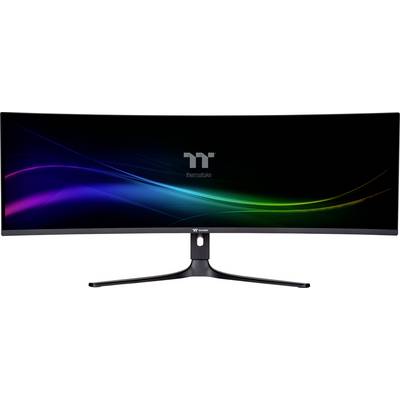 Ein ultra-breiter gekrümmter Monitor zeigt einen schwarzen Bildschirm mit einer schwachen, farbenfrohen Lichtwelle und einem Markenlogo in der Mitte oben.