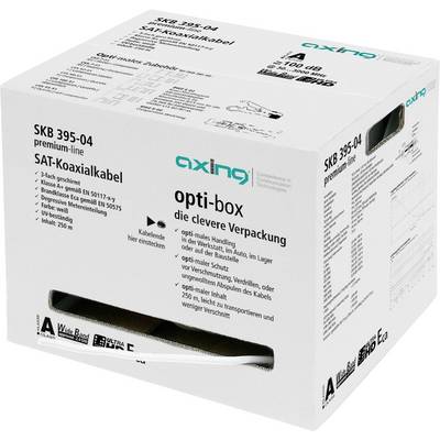 Eine weiße Schachtel mit der Bezeichnung „axing opti-box SAT-Koaxialkabel" mit Produktdetails und Spezifikationen. Geeignet für die Handhabung, den Schutz und die Lagerung von Kabeln.