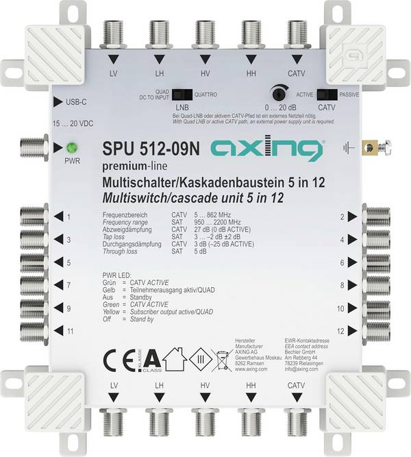 Axing SPU51209N SAT Multischalter Eingänge (Multischalter): 5 (4 SAT/1 terrestrisch) Teilnehmer-Anzahl: 12