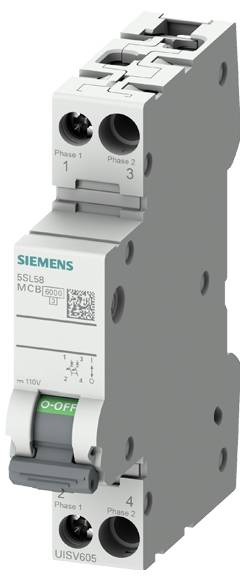 Leitungsschutzschalter von Siemens, Modell SSL58 MCB, mit zwei Anschluss­phasen und sichtbarer Beschriftung des „O-AUS"-Schalters.