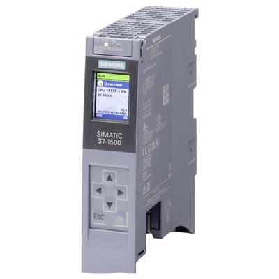 Ein Siemens SIMATIC S7-1500 SPS mit einem Display, das „Übersicht CPU 1511F-1 PN" anzeigt. Wird für industrielle Automatisierung verwendet.