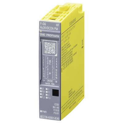 „Gelbe und graue Industriekomponente mit der Bezeichnung F-DQ, 4x24VDC/2A PM. Verfügt über einen QR-Code und verschiedene technische Spezifikationen."
