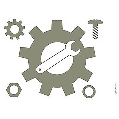 Eine graue Zahnradillustration mit einem Schraubenschlüssel im Inneren, umgeben von einem Zahnrad, Bolzen, Mutter und Schraube, die mechanische und technische Themen symbolisieren.