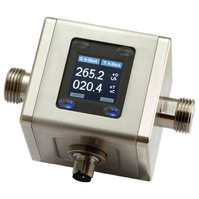 Ein Durchflussmessgerät aus Edelstahl, das auf einem digitalen Display die Werte '265.2' und '020.4' L/h anzeigt, mit Anschlussanschlüssen auf jeder Seite.