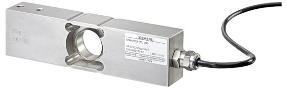 Ein metallischer, blockförmiger Wägezellensensor mit einem zentralen Loch, mit der Bezeichnung „Siemens", verbunden durch ein Kabel, das zum Messen von Kraft oder Gewicht ausgelegt ist.