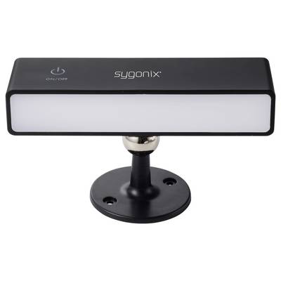 Schwarze rechteckige sygoniX LED-Leuchte auf einem runden Ständer mit einer Ein-/Aus-Schaltfläche mit Berührungsfunktion oben.