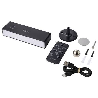 Kabelloses Unter-Schrank-Licht-Set mit wiederaufladbarer Leuchtenleiste, Fernbedienung, Montagebasis, USB-Kabel, Schrauben, Dübel und Klebebpad.