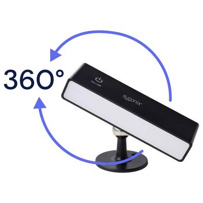Schwarzes rechteckiges Sygonix-Licht auf einem Ständer, dargestellt mit kreisförmigen Pfeilen und „360°", um vollständige Drehung anzuzeigen.