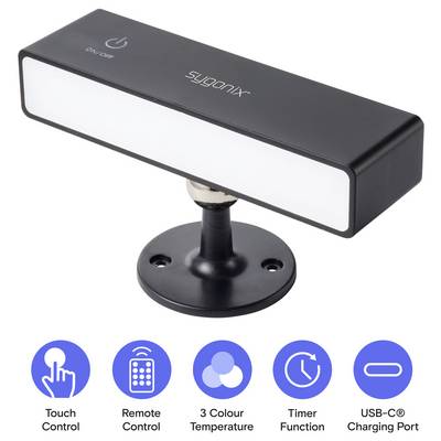 Schwarze rechteckige intelligente Lichtleiste auf einem runden Ständer, dargestellt mit Symbolen für Touchsteuerung, Fernbedienung, 3 Farbtemperaturen, Timer und USB-C-Stromversorgungsanschluss.