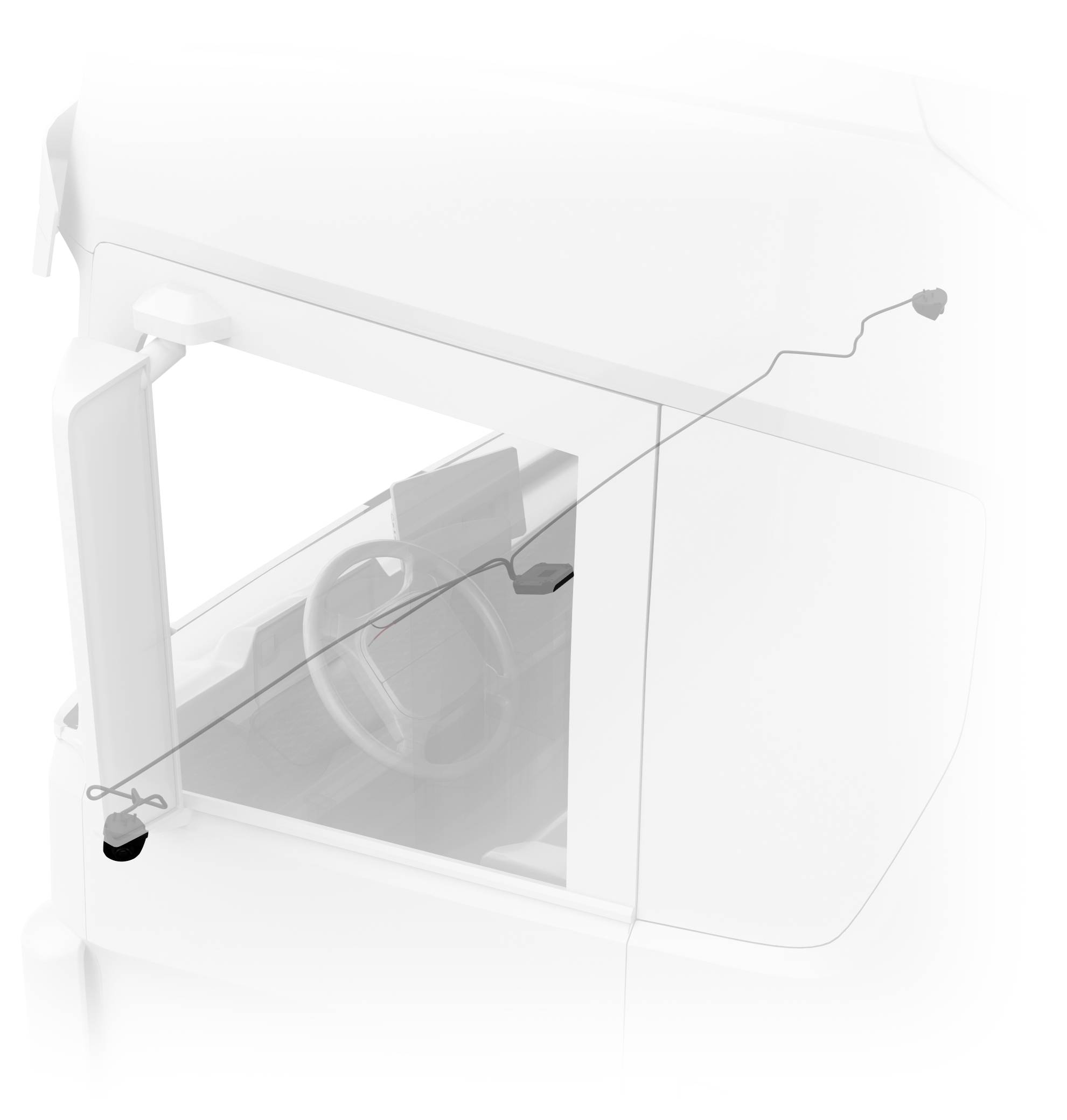 Ein Diagramm zeigt das Innere einer Fahrzeugkabine und hebt ein Kabel oder eine Leitung hervor, die vom Türbereich zum vorderen Innendashboard verläuft.