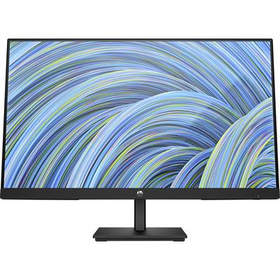 Ein gebogener Computermonitor mit schwarzem Ständer zeigt ein lebendiges abstraktes Muster aus wirbelnden blauen und grünen Linien auf dem Bildschirm an.