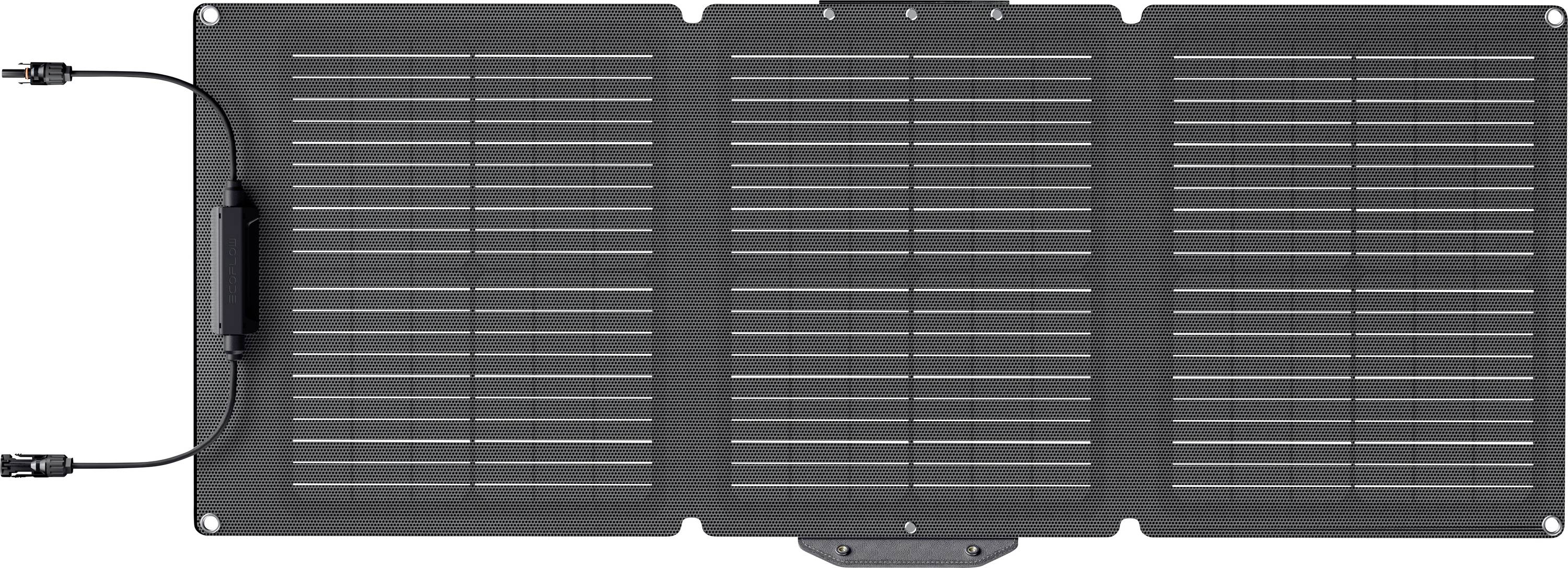 Ein faltbares Solarpanel mit drei Abschnitten und angebrachten Kabeln, das für tragbare Stromerzeugung und Außennutzung konzipiert ist.