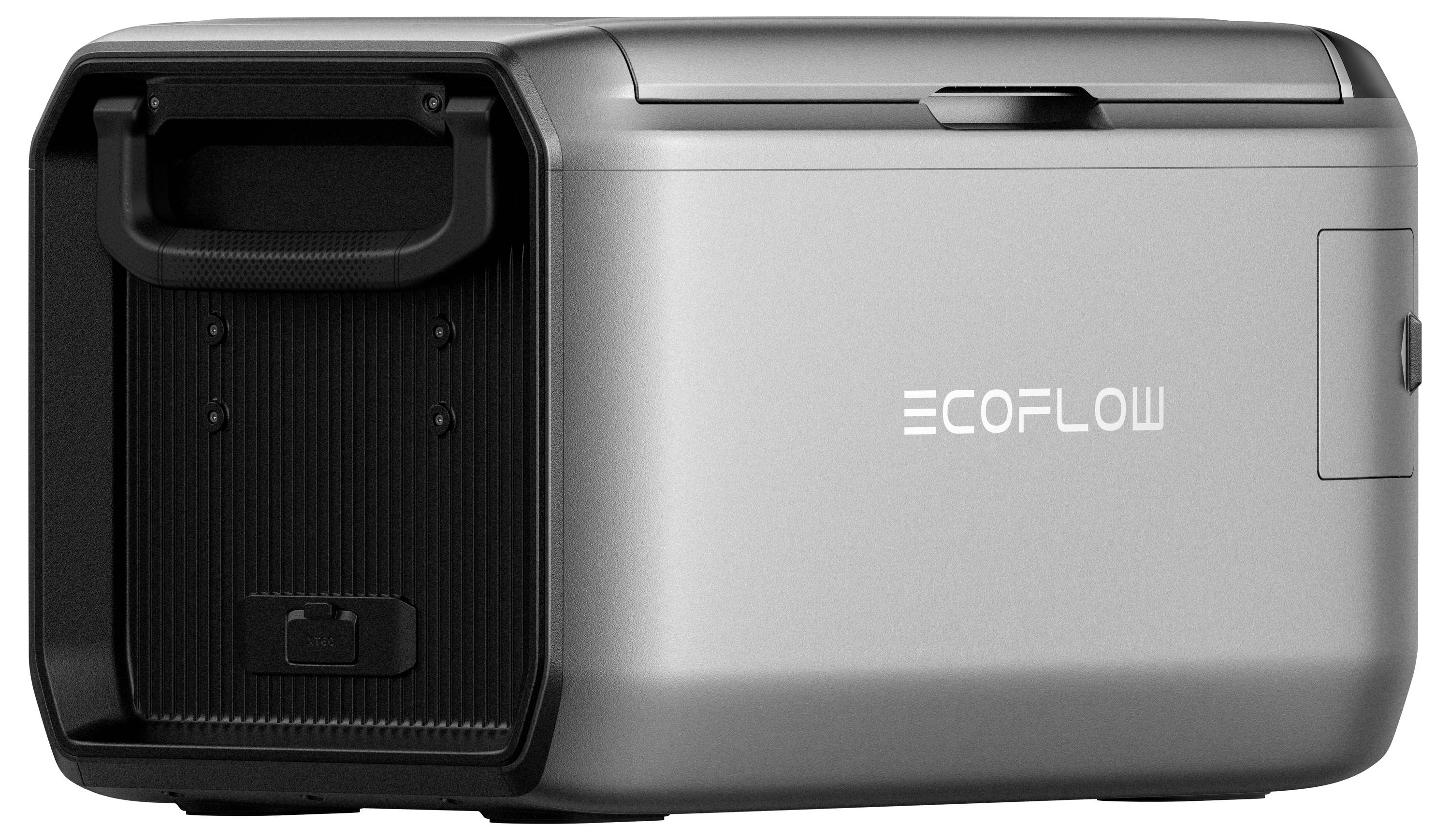 „EcoFlow" Marke tragbare Stromstation in eleganter, silberner Gehäuseverarbeitung mit robustem Griff, entwickelt für einfachen Transport und Backup-Stromversorgung.