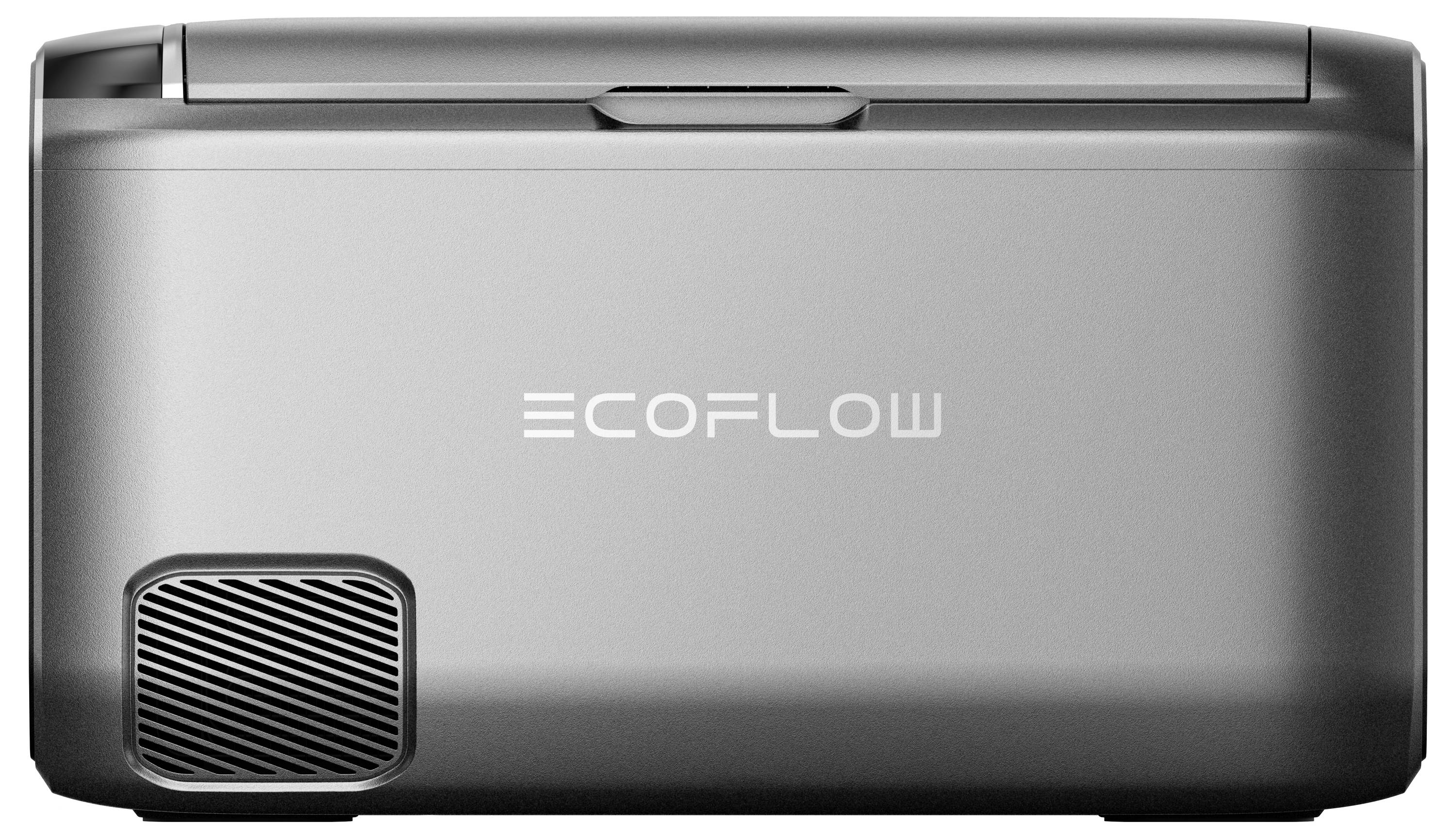 Tragbare Stromstation von „EcoFlow", schlankes silbernes Design mit Lüftungsöffnung unten links. Ideal für die Nutzung im Freien oder als Notfall-Backup.